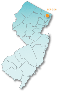 Map of New Jersey highlighting Bergen County 