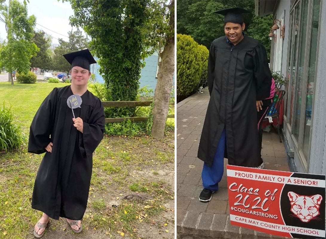 CCSSSD High School Graduates, Aidan Shriver (left) and Tyrease Martin pose in their cap and gown outside of their homes.