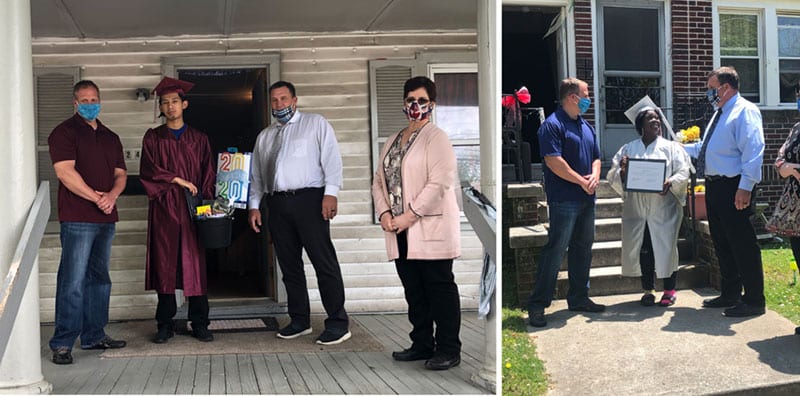 SCSSSD Principal Brian Cummings, Superintendent Jack Swain and Board Member Patty Bomba pose with graduates Daija Eubanks(left) and Favian Cruz(right) outside of their homes during their mobile graduation ceremonies.