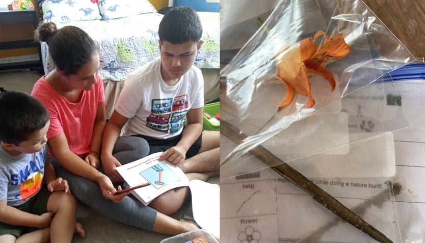 ACSSSD student, Santiago Botero, is seen with his mom working on lessons over the summer, which included a found object project, where students gathered items from their yards.