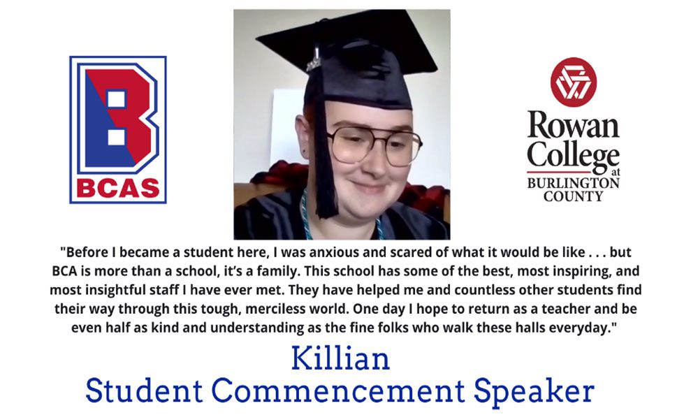 A slide shows BCSSSD graduate, Killian, in a cap and gown along with the quote he gave during the commencement ceremony.