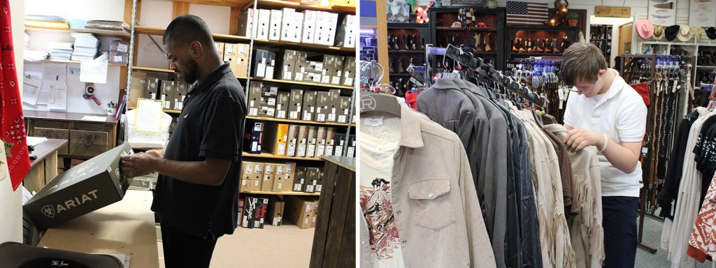 A male student dressed in a black collared shirt is standing in a storage room and placing a sticker on a box of cowboy boots.Photo 5 Alt Tag: A male student in a white collared shirt is standing in a clothing store, looking through a rack of suede jackets. 