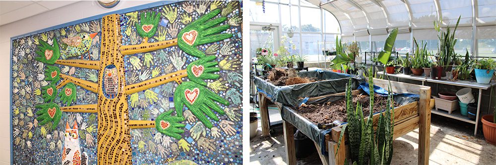 Photo 2, Alt tag (left): A bulletin board mosaic shows a large tree with an owl and the branches are made of hands with hearts on the palms.
Photo 3, Alt tag (right): The inside of a greenhouse has house plants on metal tables along the wall and small raised garden beds in the middle of the room.