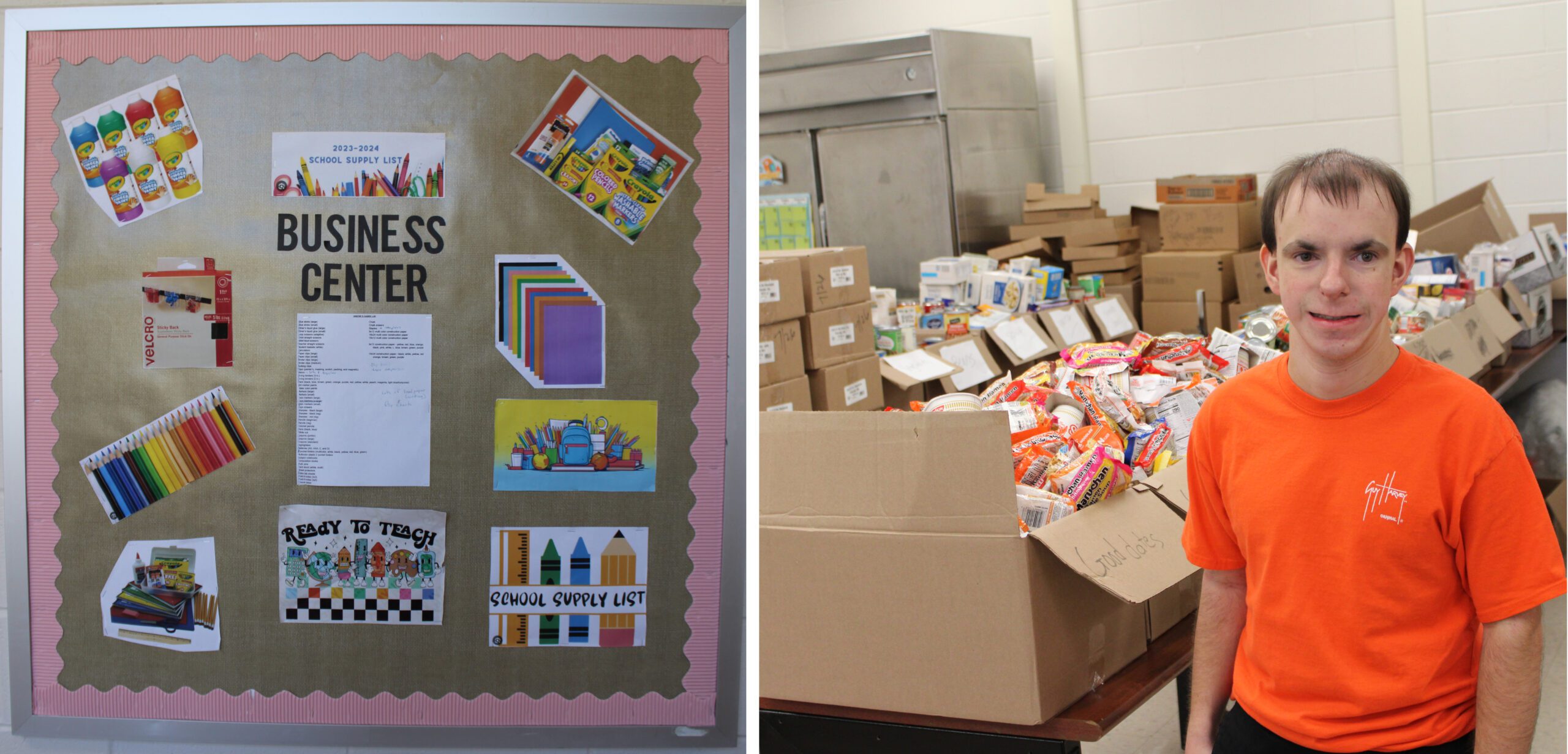 Photo 4, Alt tag (left): A bulletin board shows the services available at the district’s business center.
Photo 5, Alt tag (right): A young man in an orange shirt stands in front of tables full of boxed food items in a food pantry. 
