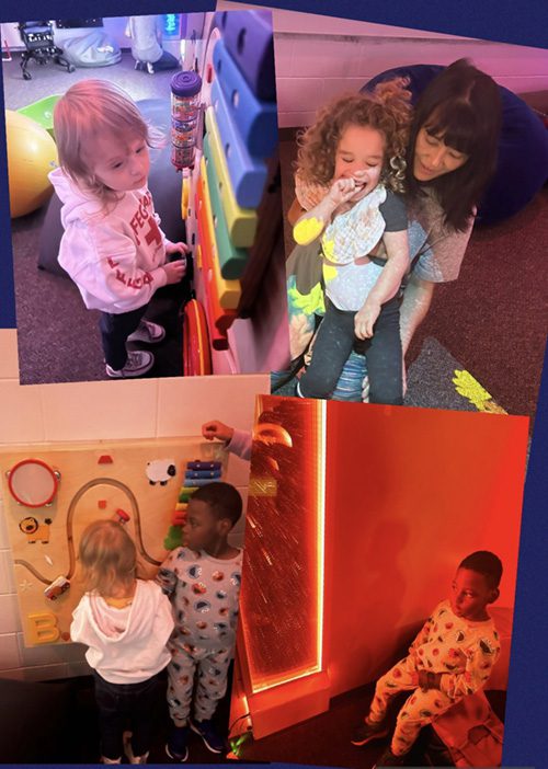 A collection of photos showing students smiling and enjoying sensory activities in a bright room.